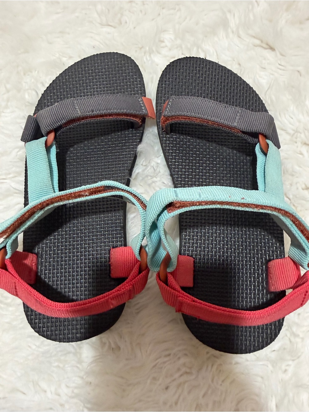 girls Sz 2 Teva Multi-Color Strappy Outdoor Sandals - Teal & Coral EUC